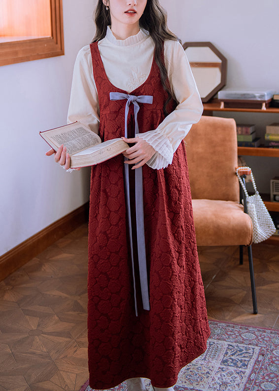 Jacquard Red Bow High Waist Cotton Long Dress Sleeveless