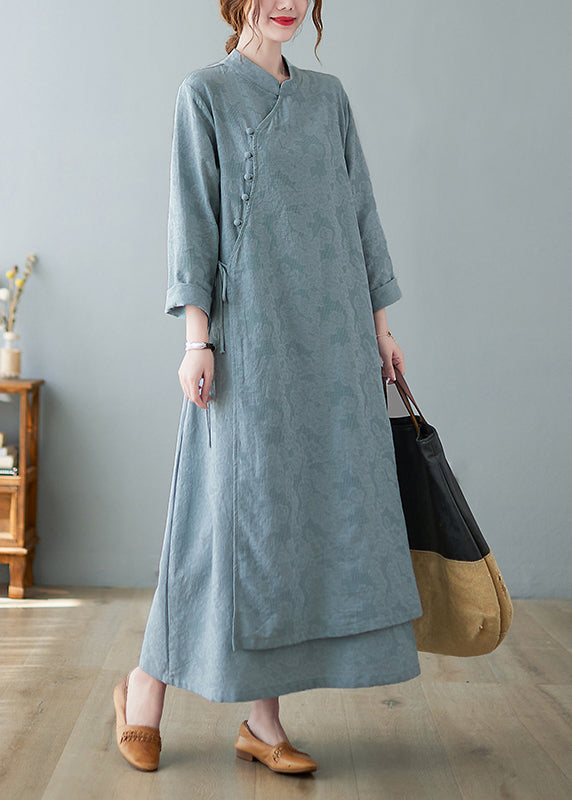 Jacquard Mandarin Collar Frog Button Long Sleeve Layered Hem Maxi Dress