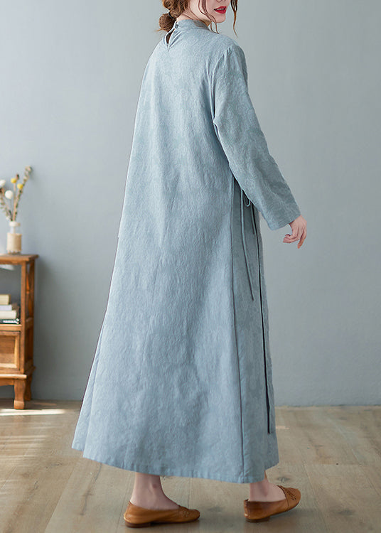 Jacquard Mandarin Collar Frog Button Long Sleeve Layered Hem Maxi Dress