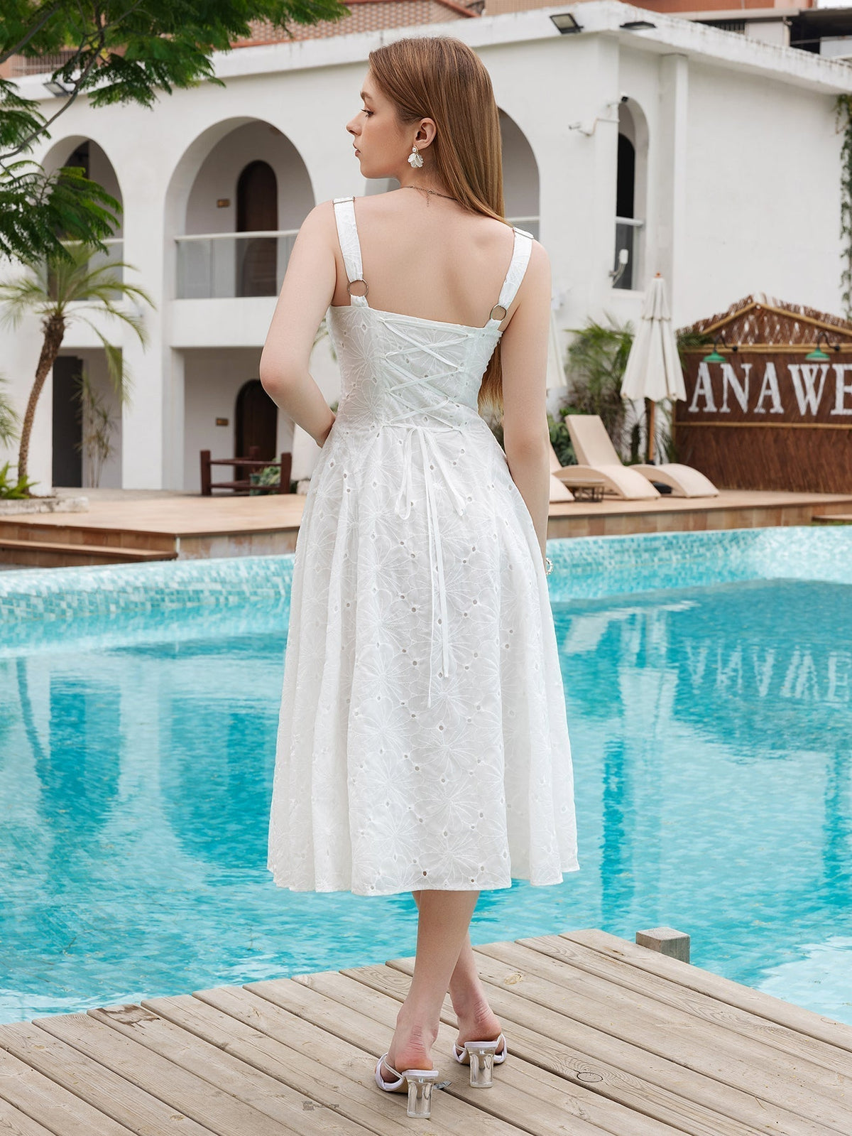 Sweetheart Neck Wide Strap Eyelet Embroidered A-Line Midi Dress 2