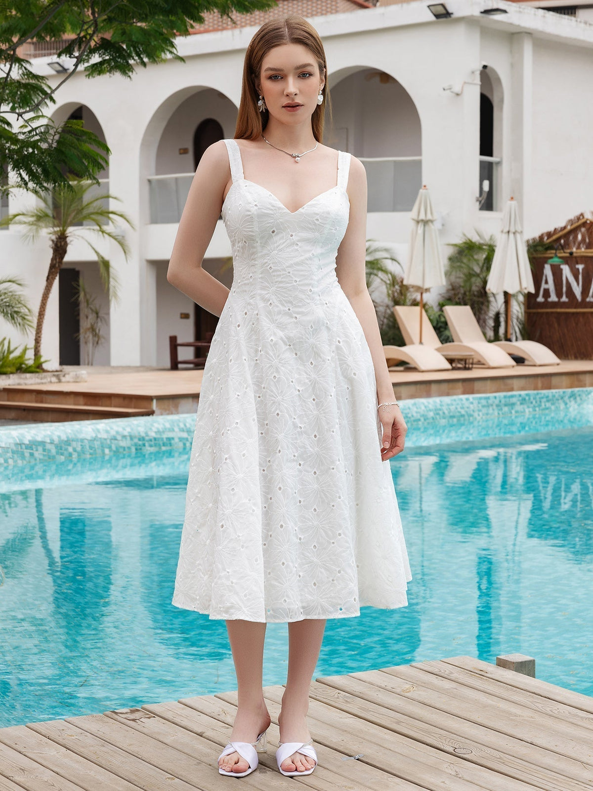 Sweetheart Neck Wide Strap Eyelet Embroidered A-Line Midi Dress