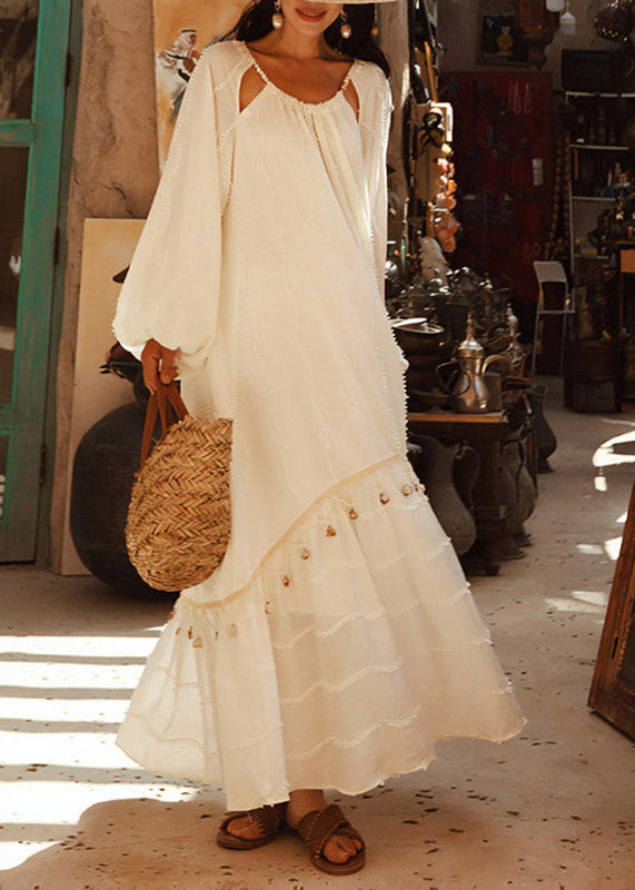 Woven Jacquard Round Neck Cold Shoulder Puff Sleeve Tassel Trim Layered Maxi Dress