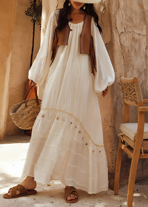 Woven Jacquard Round Neck Cold Shoulder Puff Sleeve Tassel Trim Layered Maxi Dress