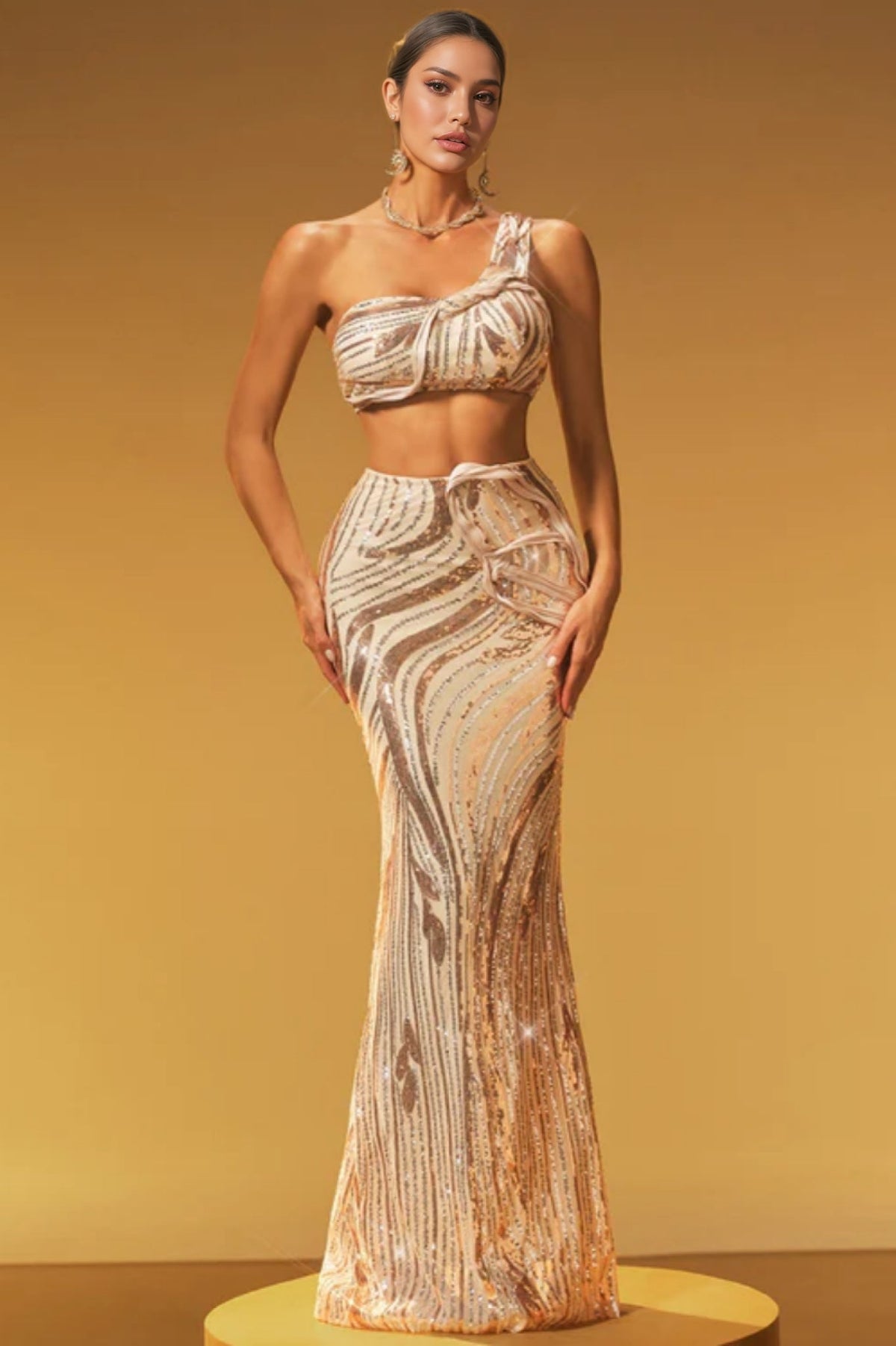 One Shoulder Sequin Crop Top and Mermaid Maxi Skirt Two Piece Set 2