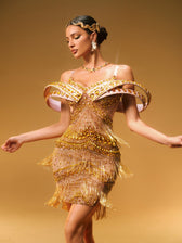 Off Shoulder Rhinestone Fringe Mini Dress In Gold - View 2