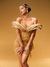 Off Shoulder Rhinestone Fringe Mini Dress In Gold