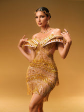 Off Shoulder Rhinestone Fringe Mini Dress In Gold - View 5