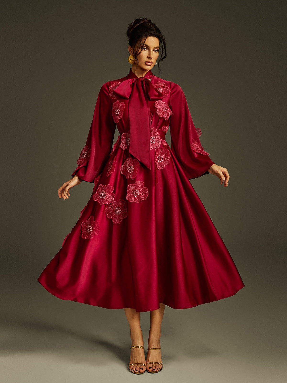 Satin Tie Neck Floral Applique Balloon Sleeve A-Line Midi Dress