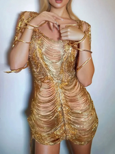 Diamond Chain Mesh Mini Dress In Gold - View 2