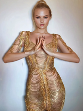 Diamond Chain Mesh Mini Dress In Gold - View 3