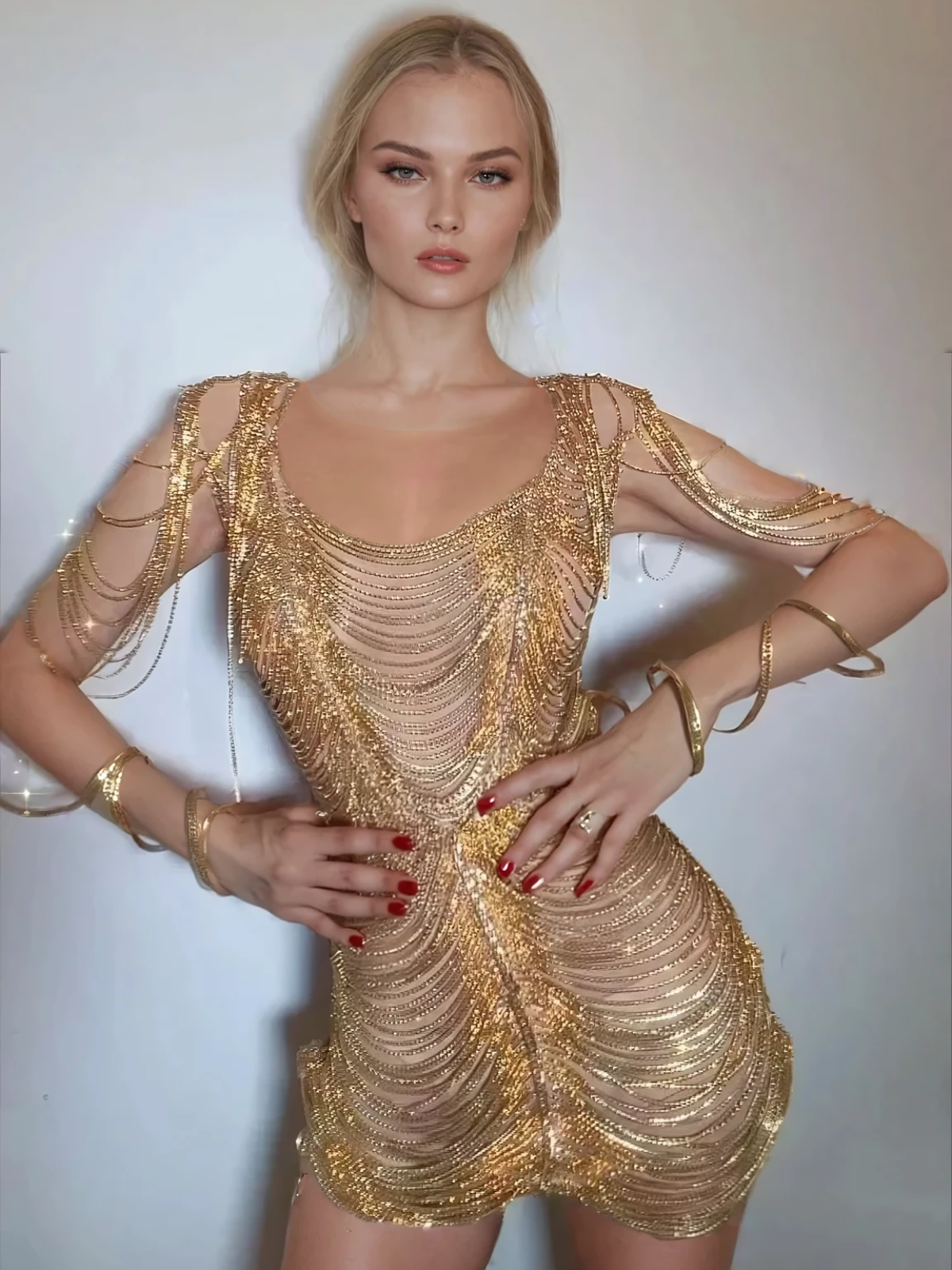 Diamond Chain Mesh Mini Dress In Gold - View 4