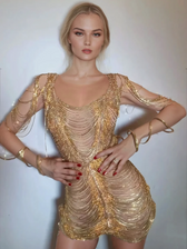 Diamond Chain Mesh Mini Dress In Gold - View 4