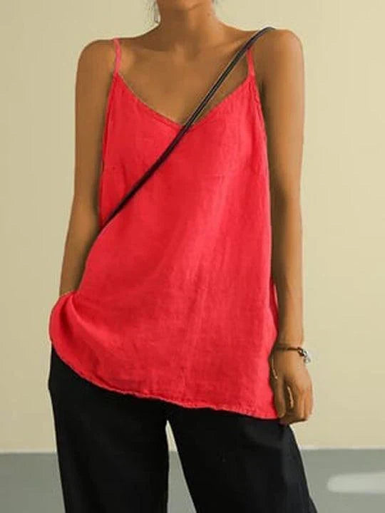 Spaghetti Strap V-Neck Linen Look Cami Top
