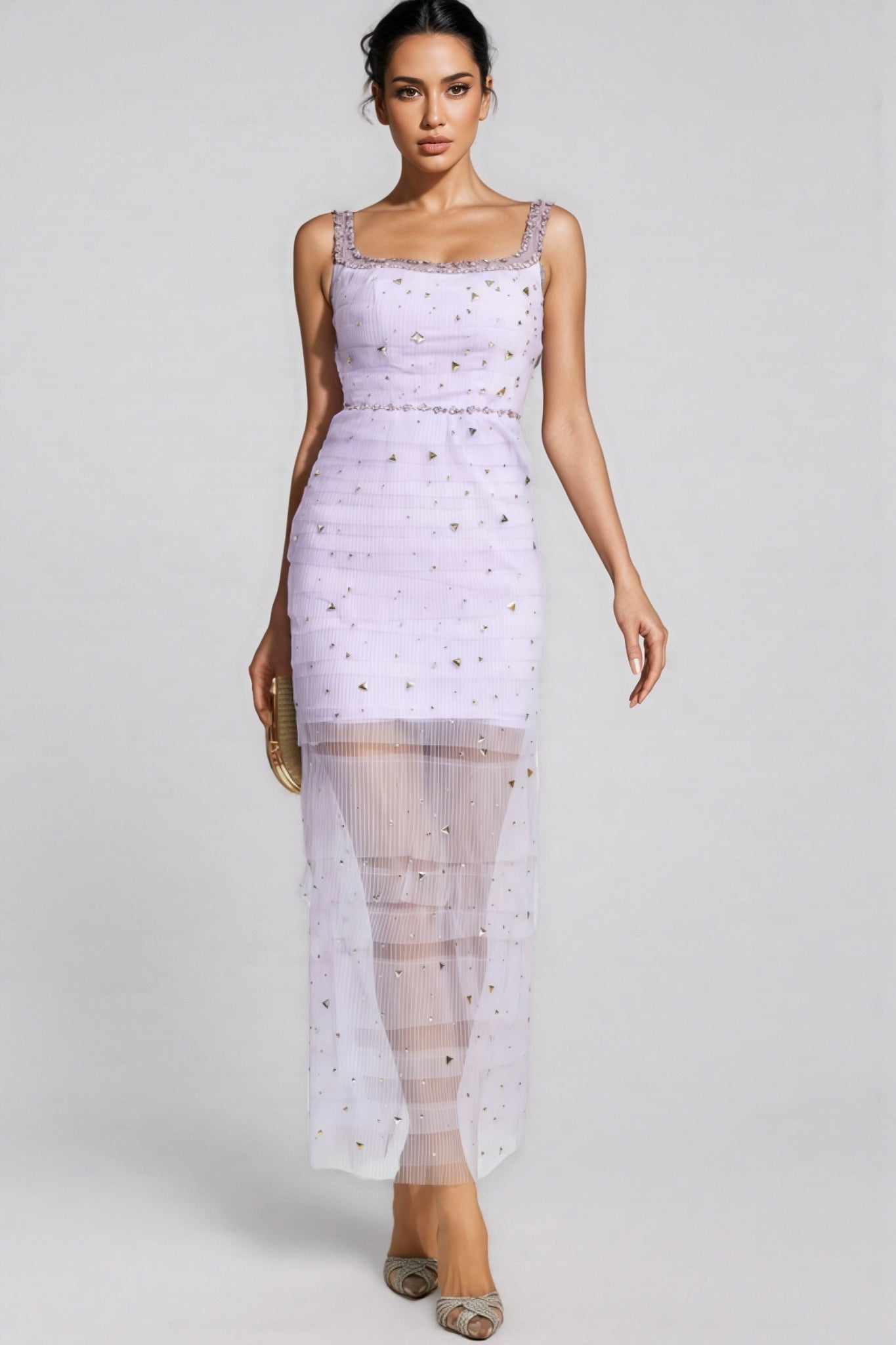 Arthura Purple Diamond Mesh Midi Dress