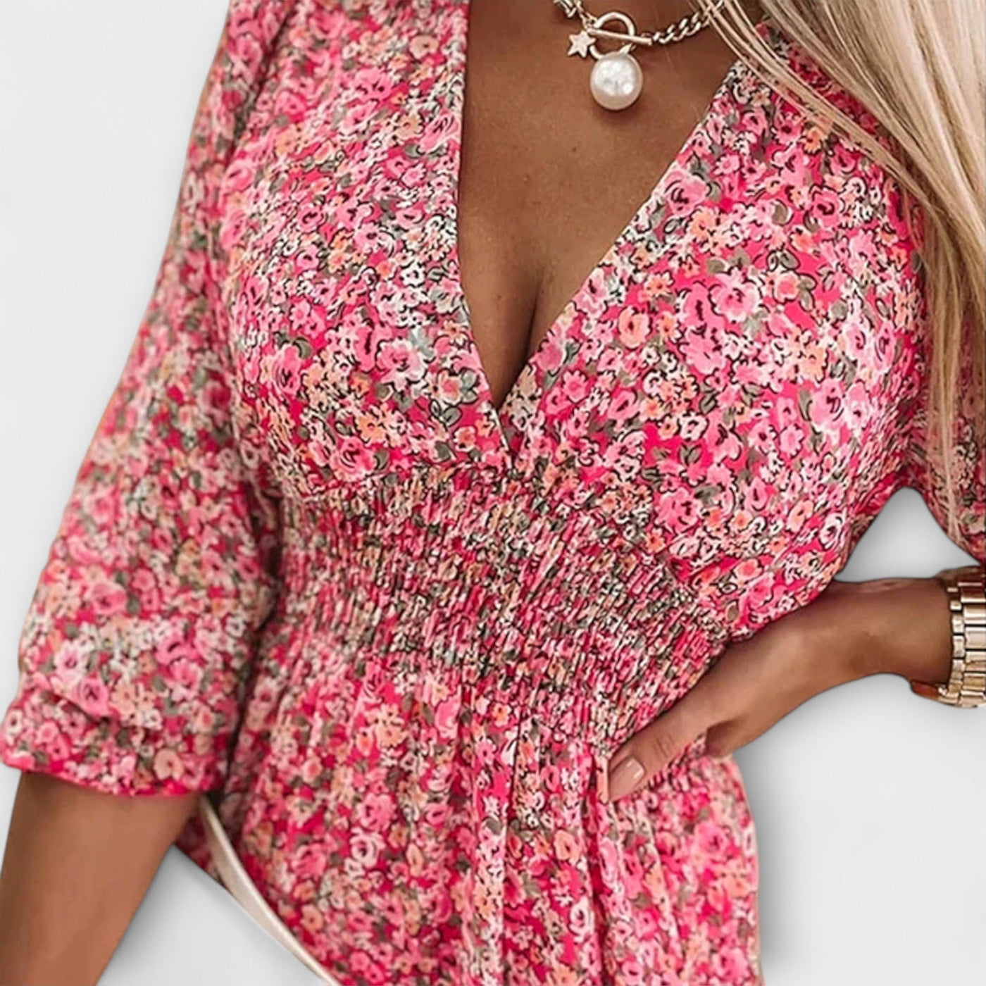 Ditsy Floral V-Neck Puff Sleeve Smocked Mini Dress 6