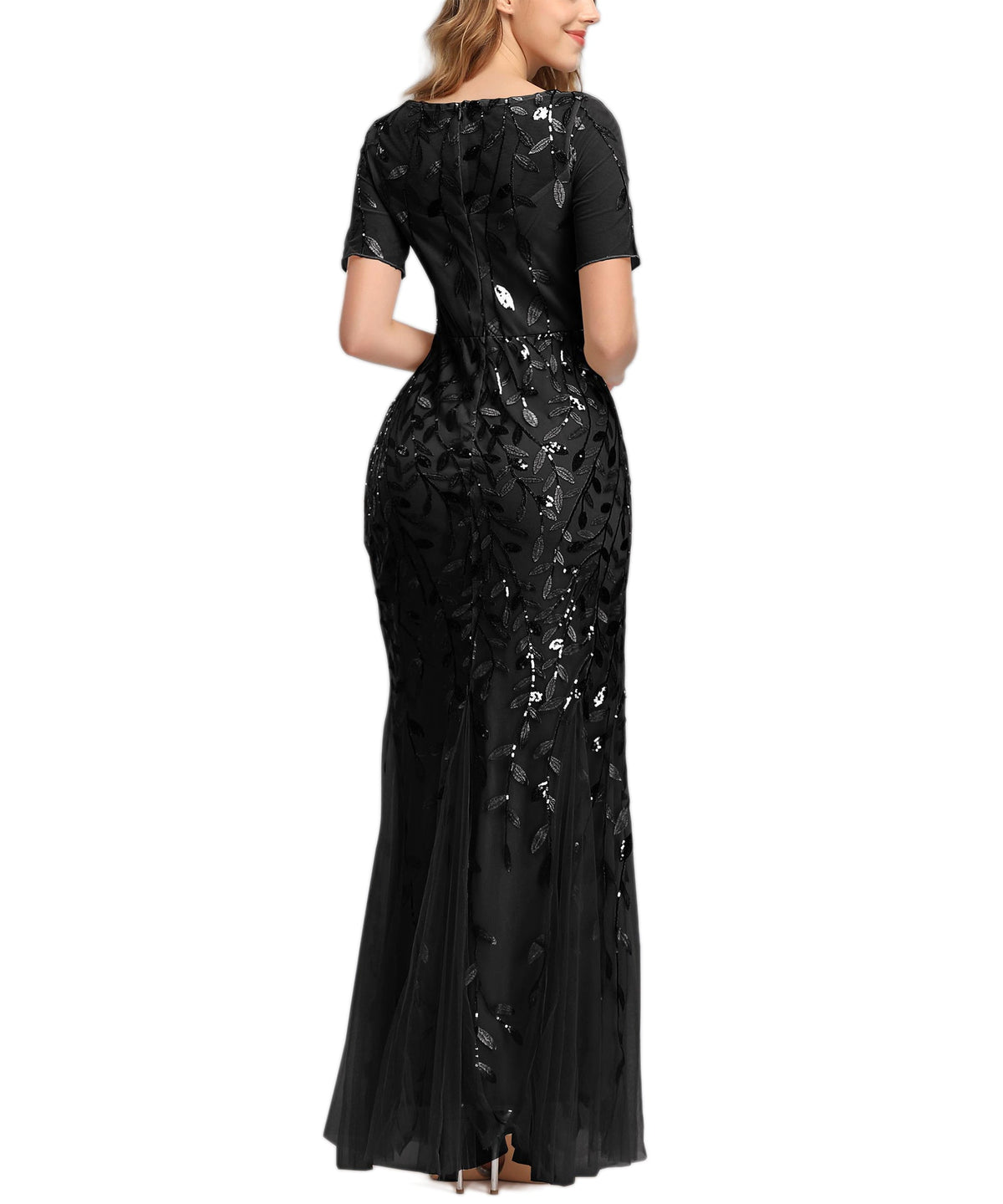 Sequin Leaf Embroidered Short Sleeve Tulle Mermaid Gown 11