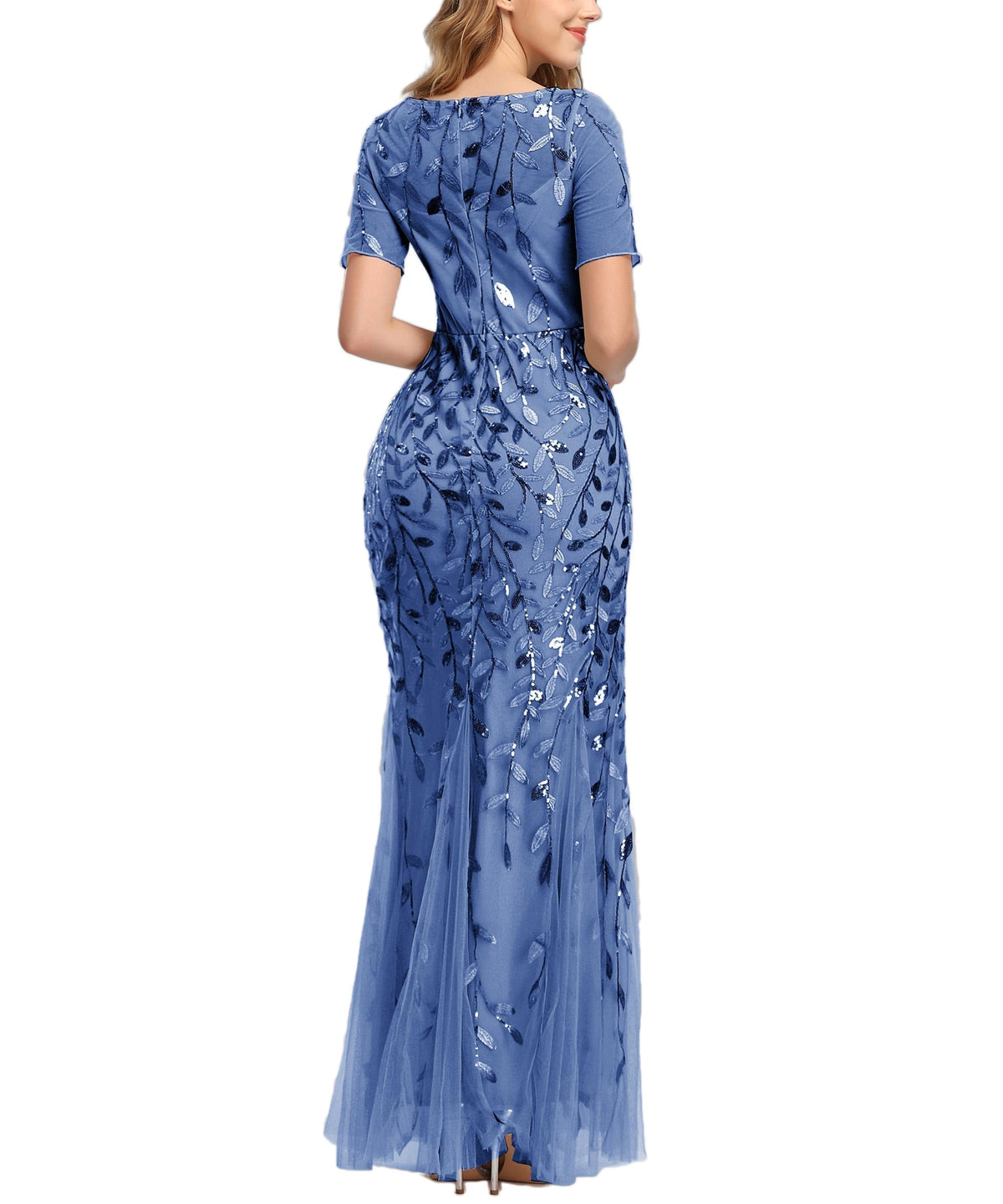 Sequin Leaf Embroidered Short Sleeve Tulle Mermaid Gown 18