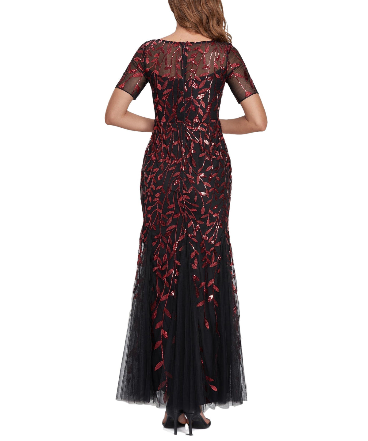 Sequin Leaf Embroidered Short Sleeve Tulle Mermaid Gown 13