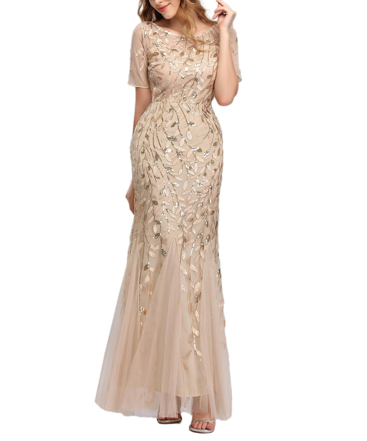 Sequin Leaf Embroidered Short Sleeve Tulle Mermaid Gown
