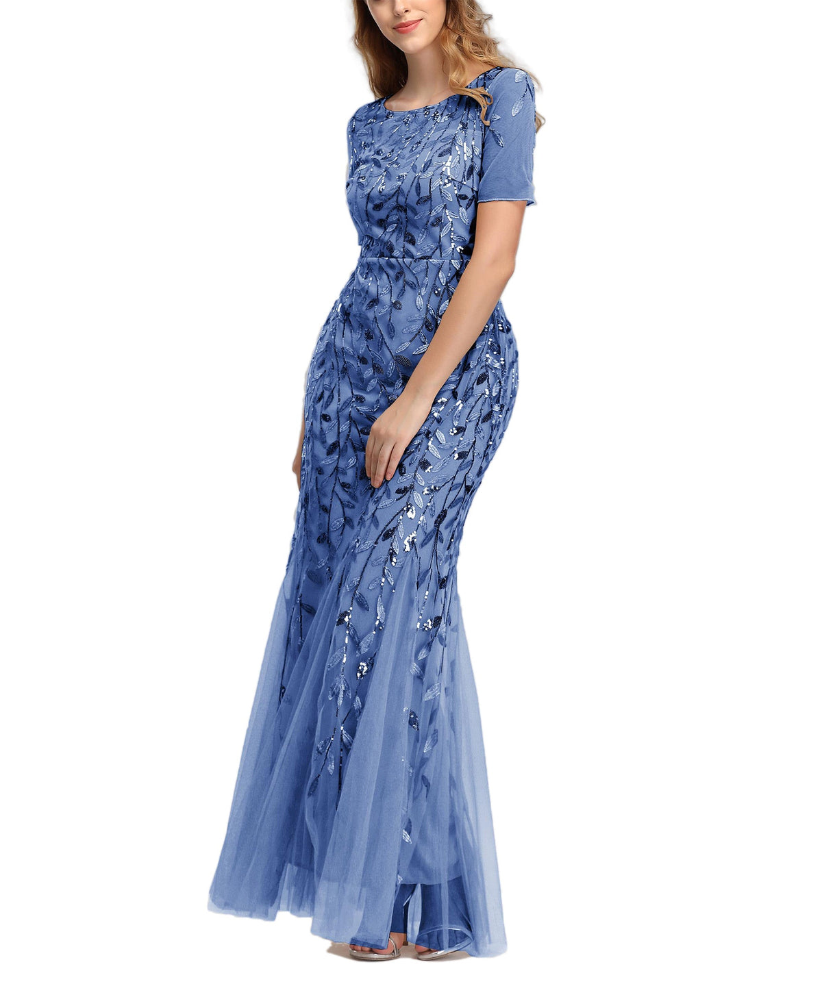 Sequin Leaf Embroidered Short Sleeve Tulle Mermaid Gown 17