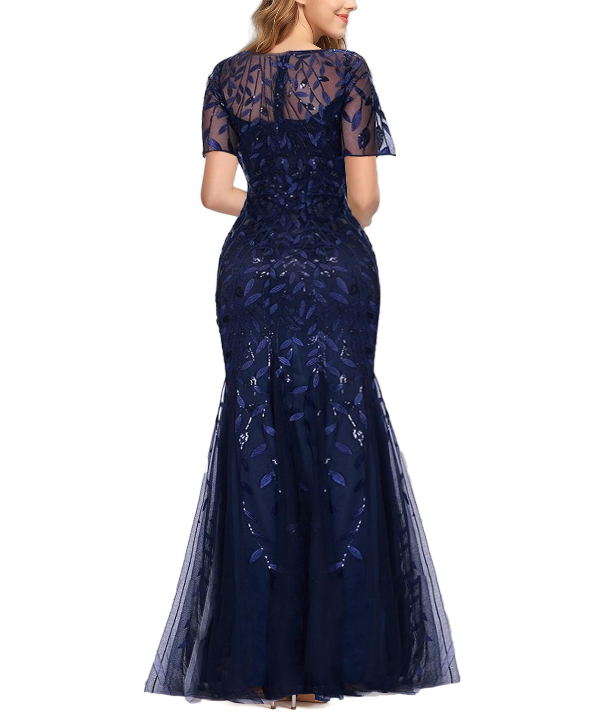 Sequin Leaf Embroidered Short Sleeve Tulle Mermaid Gown 14