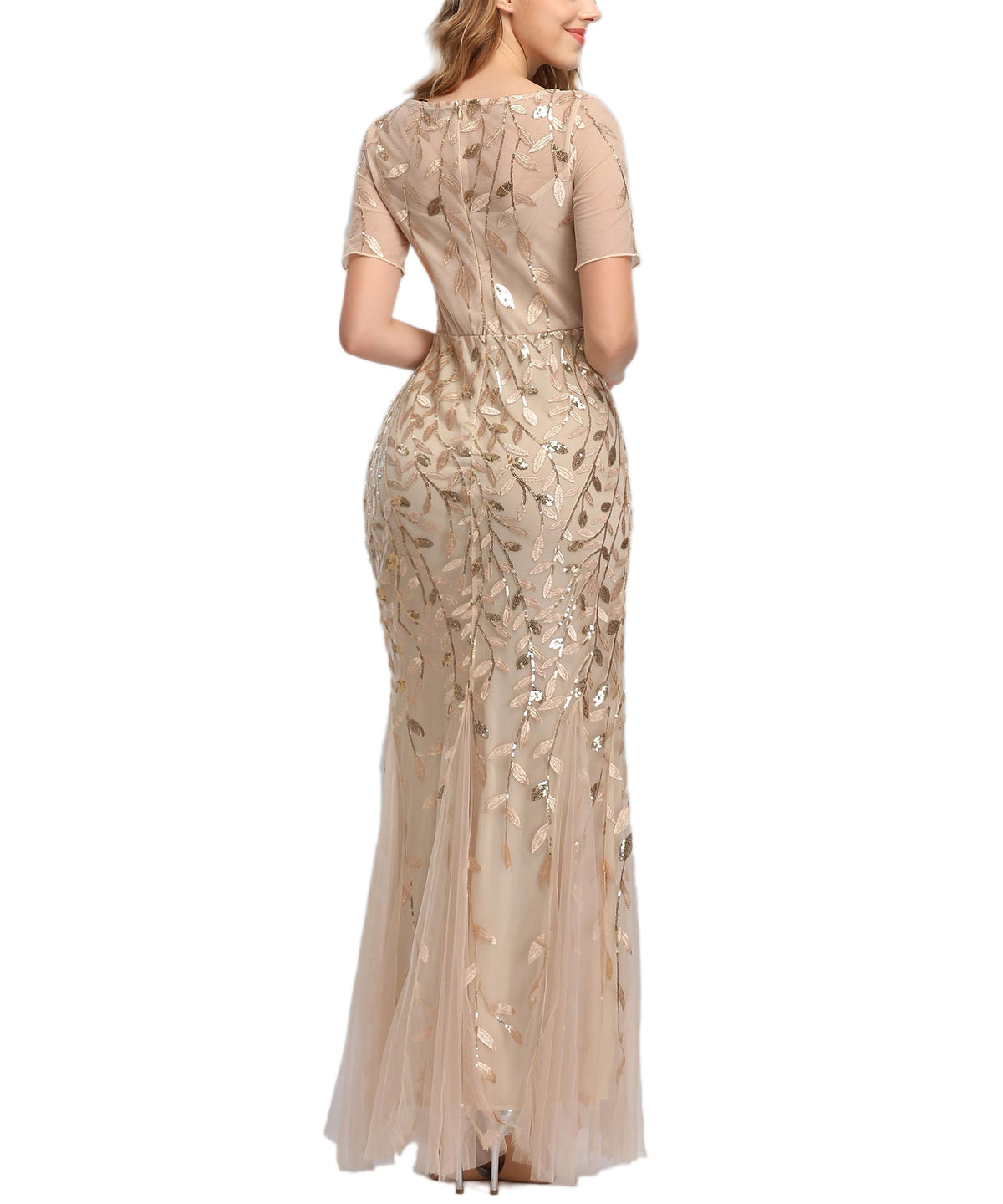 Sequin Leaf Embroidered Short Sleeve Tulle Mermaid Gown 9