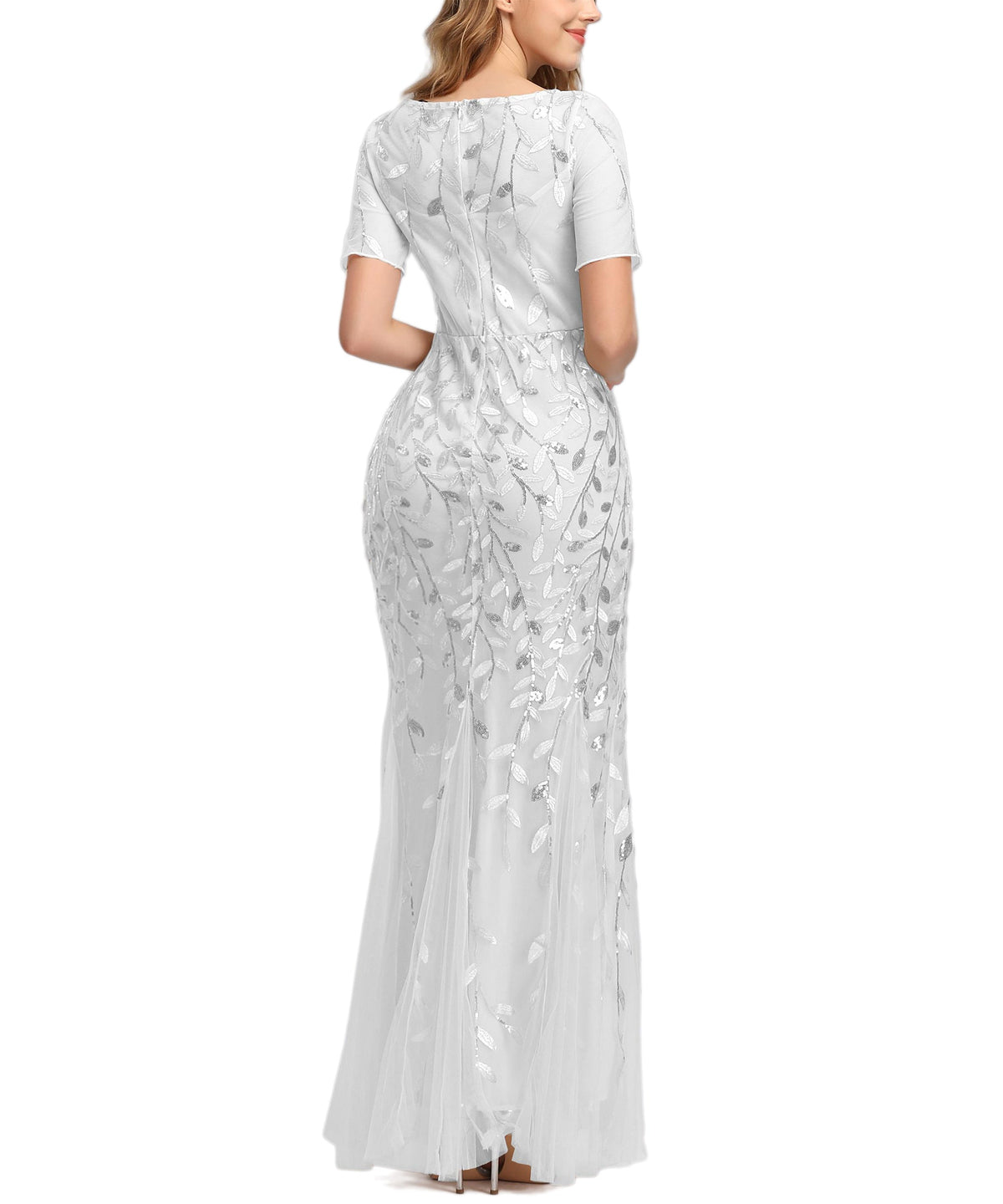 Sequin Leaf Embroidered Short Sleeve Tulle Mermaid Gown 16