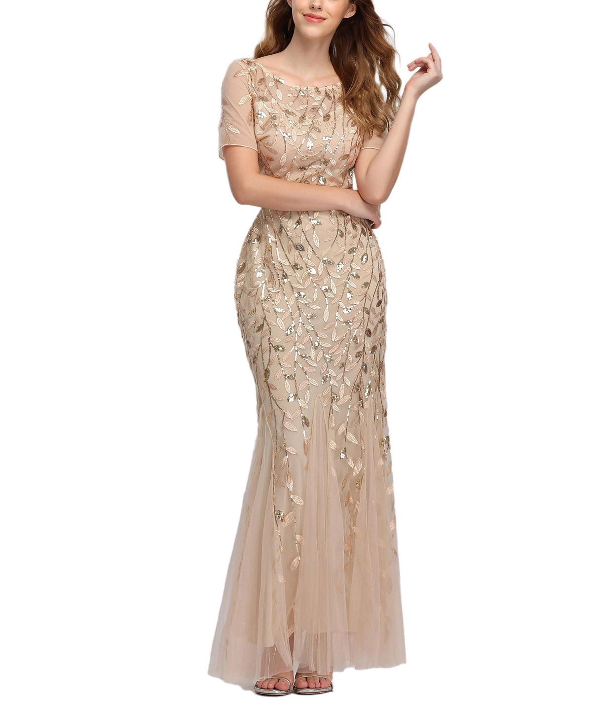 Sequin Leaf Embroidered Short Sleeve Tulle Mermaid Gown 6