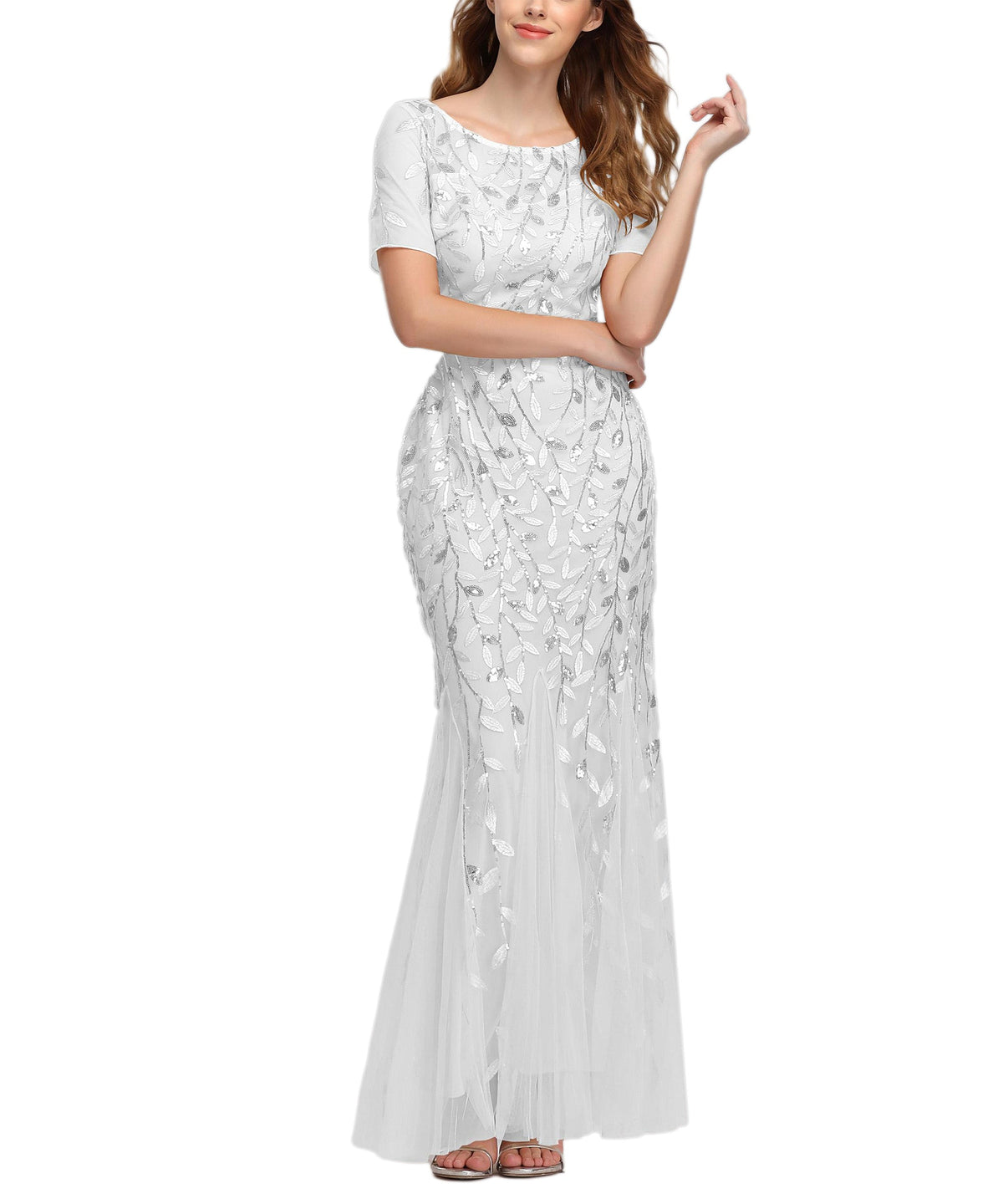 Sequin Leaf Embroidered Short Sleeve Tulle Mermaid Gown 8