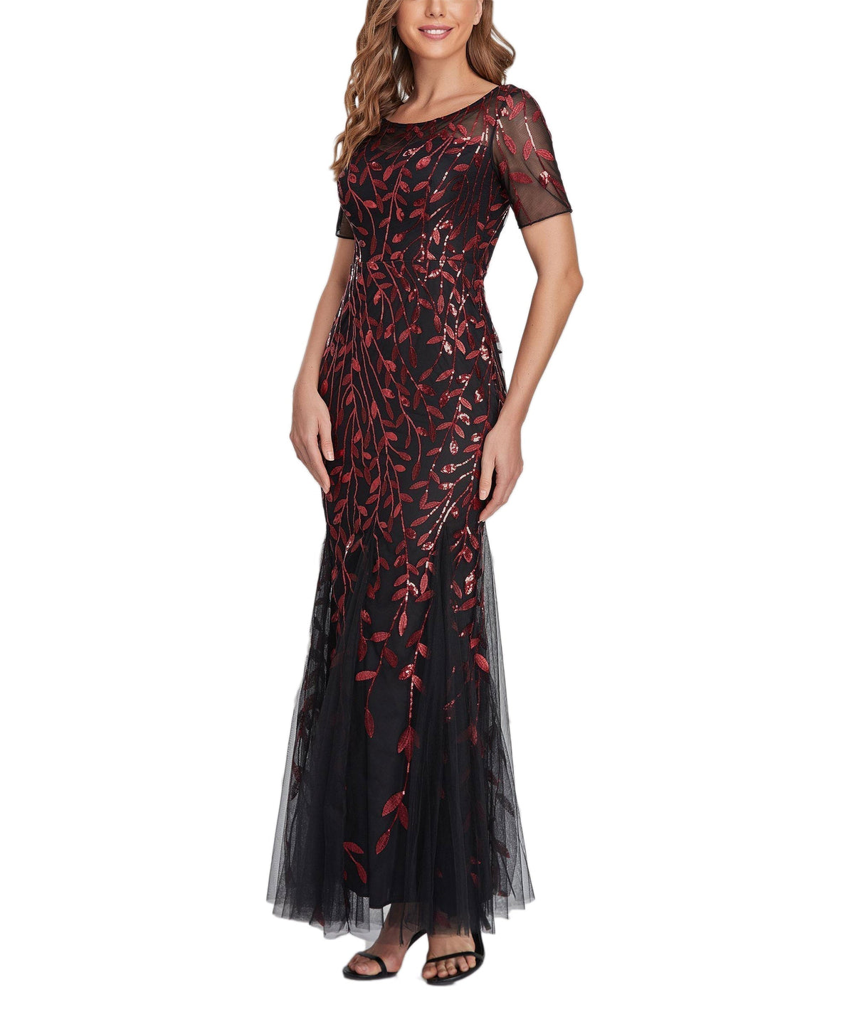 Sequin Leaf Embroidered Short Sleeve Tulle Mermaid Gown 12