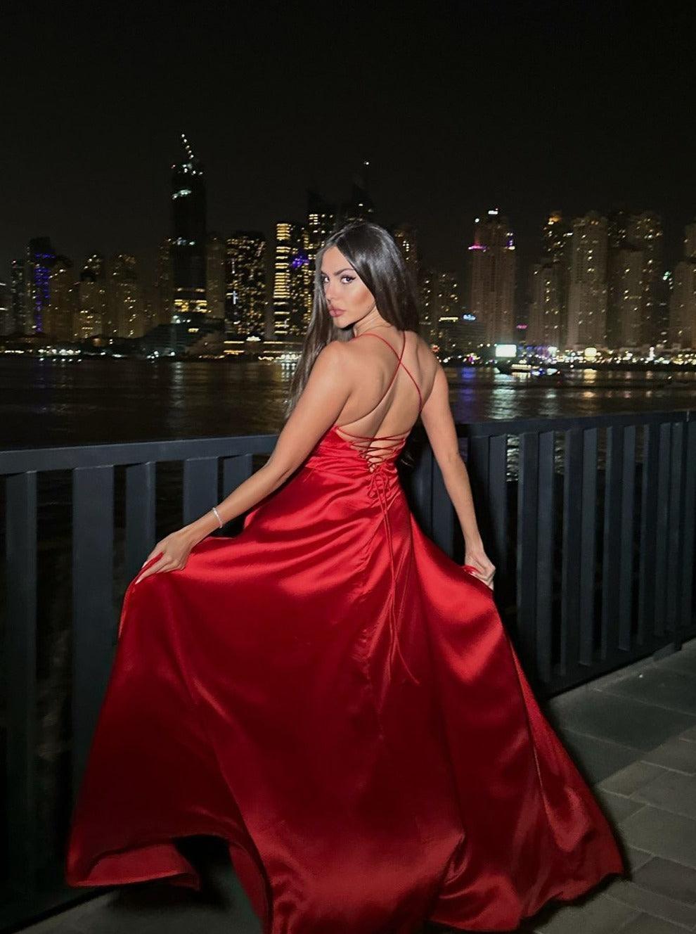 Satin Spaghetti Strap Lace Up Open Back A-Line Maxi Gown
