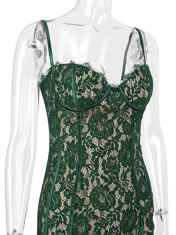 Lace Spaghetti Strap Sweetheart Bustier Bodycon Midi Dress