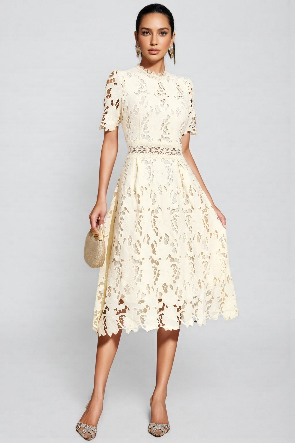 Cut Out Floral Lace Short Sleeve Mock Neck A-Line Midi Dress