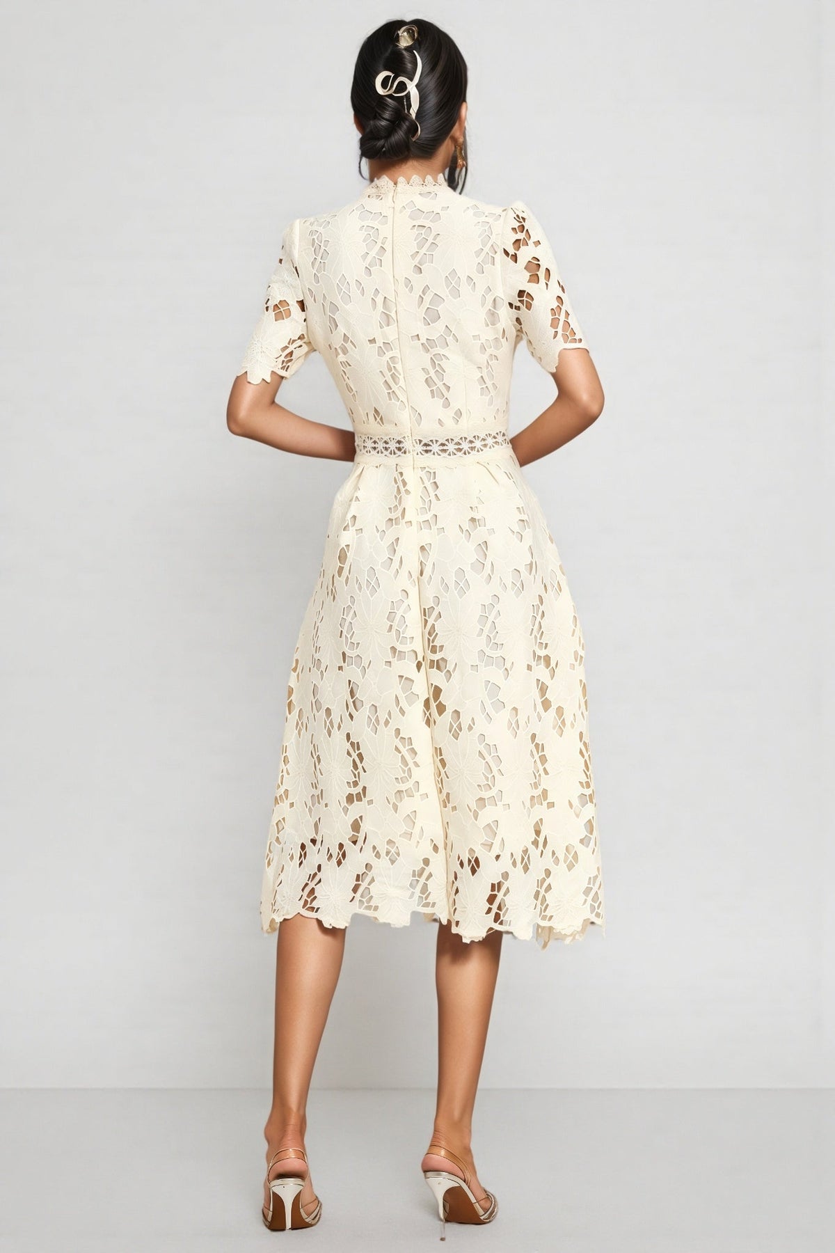 Cut Out Floral Lace Short Sleeve Mock Neck A-Line Midi Dress 3