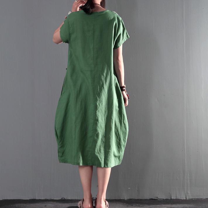 Short Sleeve Round Neck Panel Applique Loose Kaftan Midi Dress