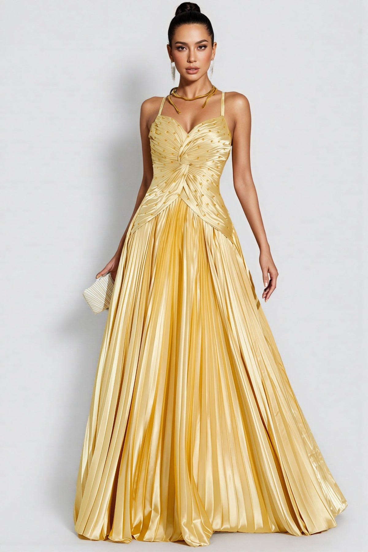 Satin Beaded Twist Bodice Pleated Skirt Formal Maxi Gown