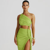 One Shoulder Ruched Cut Out High Split Maxi Dress 3