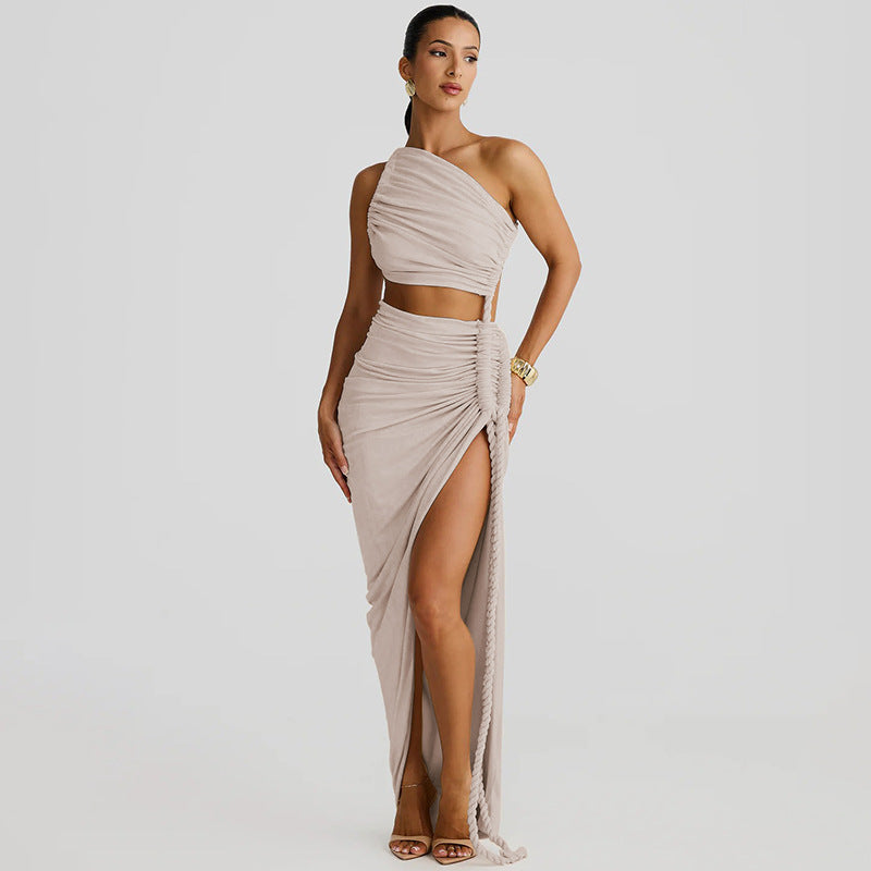 One Shoulder Ruched Cut Out High Split Maxi Dress 5