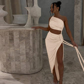One Shoulder Ruched Cut Out High Split Maxi Dress 10