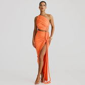 One Shoulder Ruched Cut Out High Split Maxi Dress 13