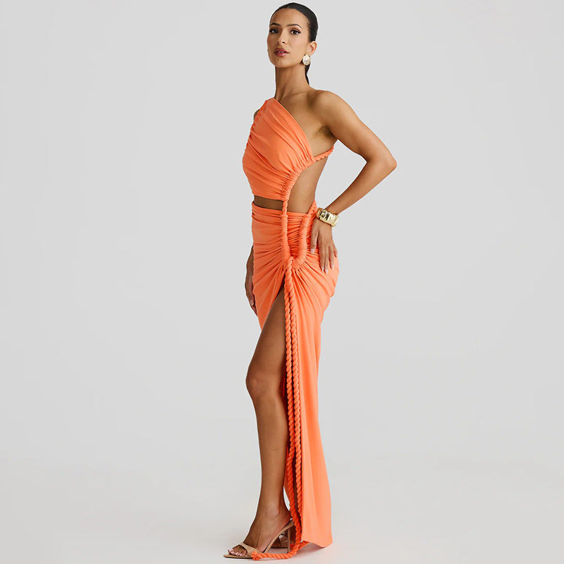 One Shoulder Ruched Cut Out High Split Maxi Dress 14
