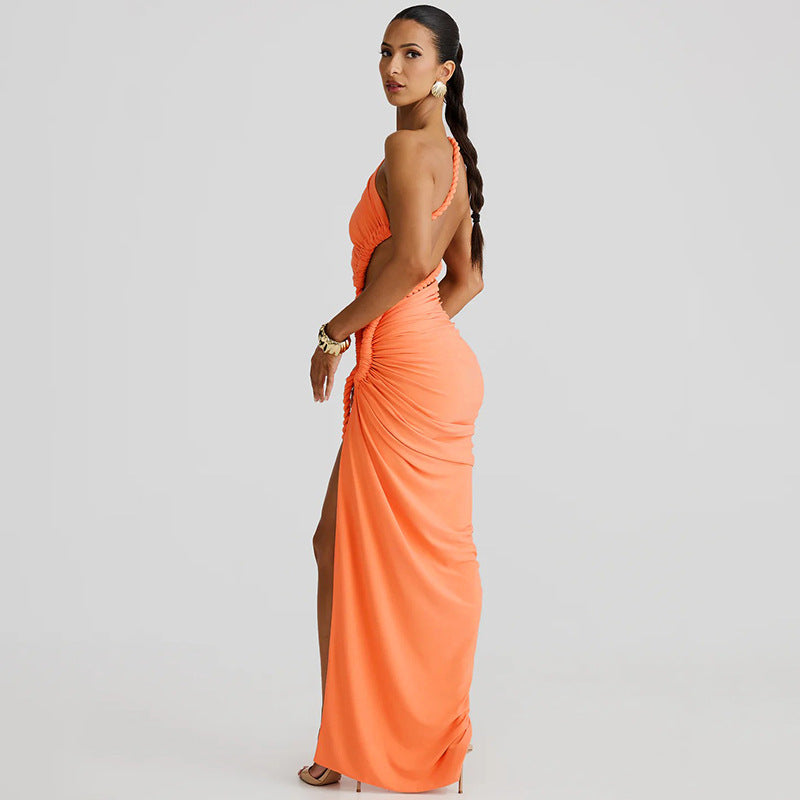One Shoulder Ruched Cut Out High Split Maxi Dress 15