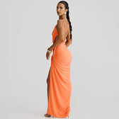One Shoulder Ruched Cut Out High Split Maxi Dress 15
