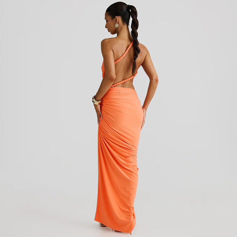One Shoulder Ruched Cut Out High Split Maxi Dress 16