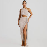 One Shoulder Ruched Cut Out High Split Maxi Dress 17