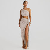 One Shoulder Ruched Cut Out High Split Maxi Dress 19