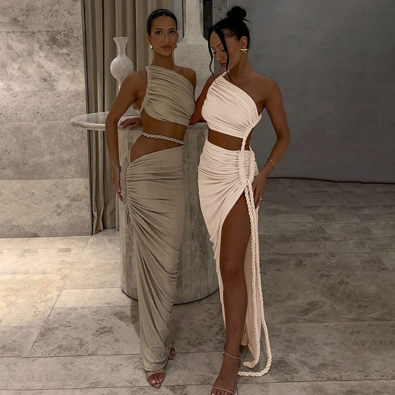 One Shoulder Ruched Cut Out High Split Maxi Dress 22