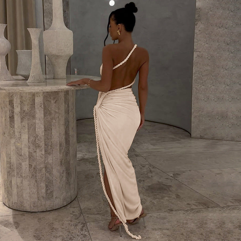 One Shoulder Ruched Cut Out High Split Maxi Dress 23