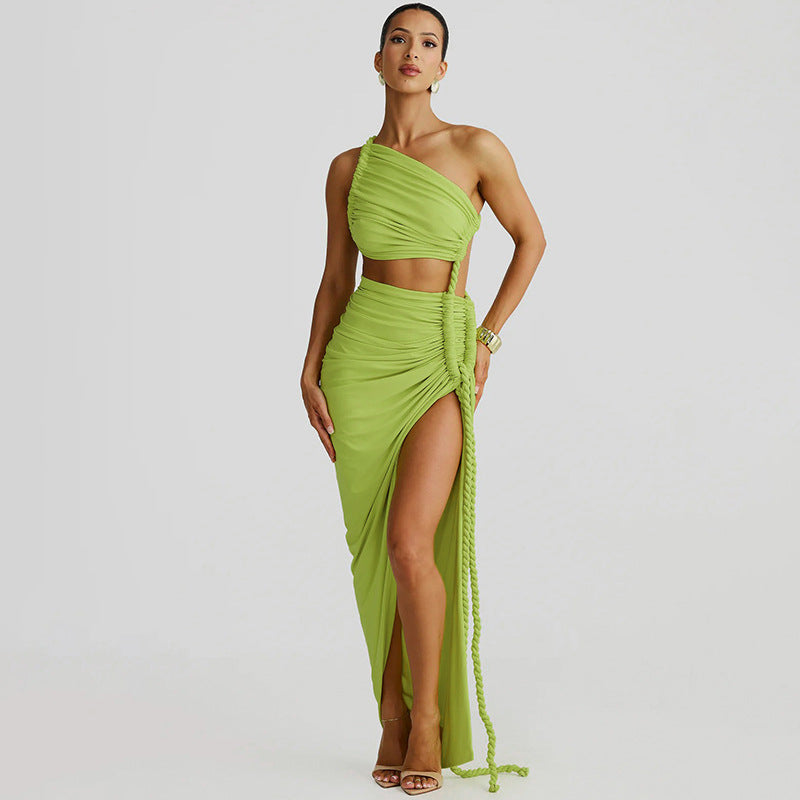 One Shoulder Ruched Cut Out High Split Maxi Dress 25