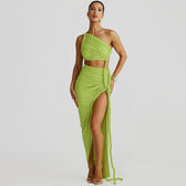 One Shoulder Ruched Cut Out High Split Maxi Dress 25